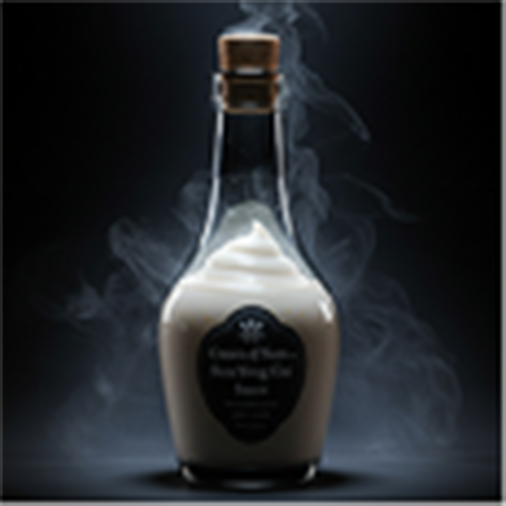 Mysterious, elegant bottle containing the dark, shimmering Cream of Sum Yung Gai sauce, possibly with subtle glowing highlights or mist effect.